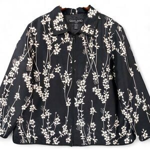 SILKLAND Jacket Womens Size 2X Black White Silk Floral Lined Classic Full Zip